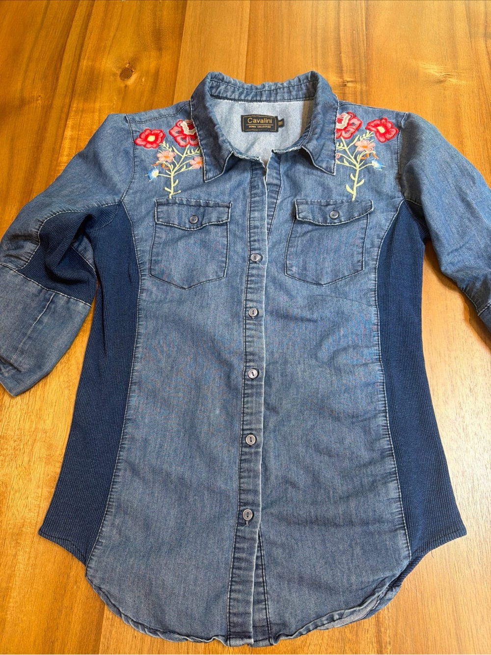 Cavalini Denim Shirt with Red Embroidery